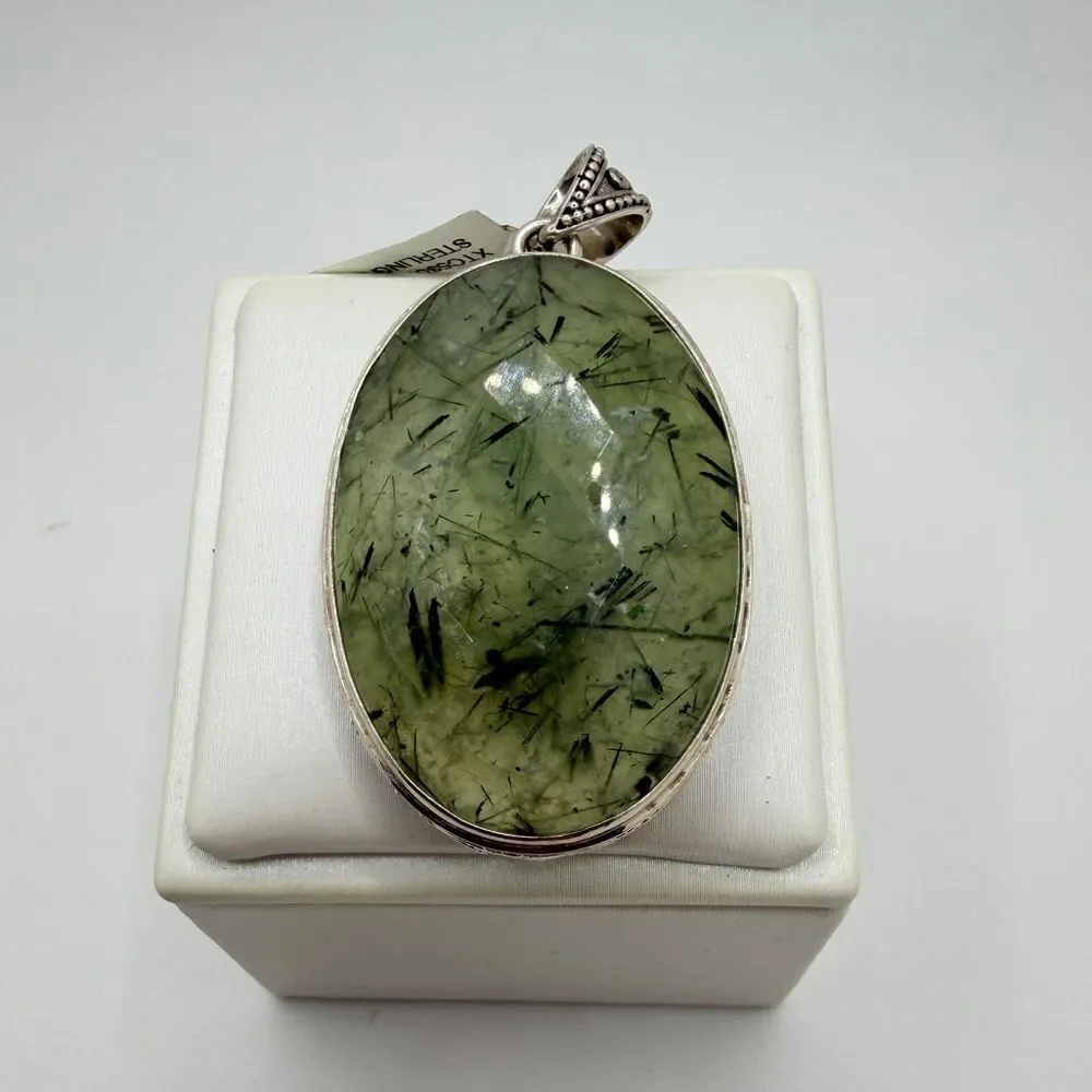 NWT 27x41mm MONSTER faceted/checkerboard‎ PREHNITE pendant in BALI 925!